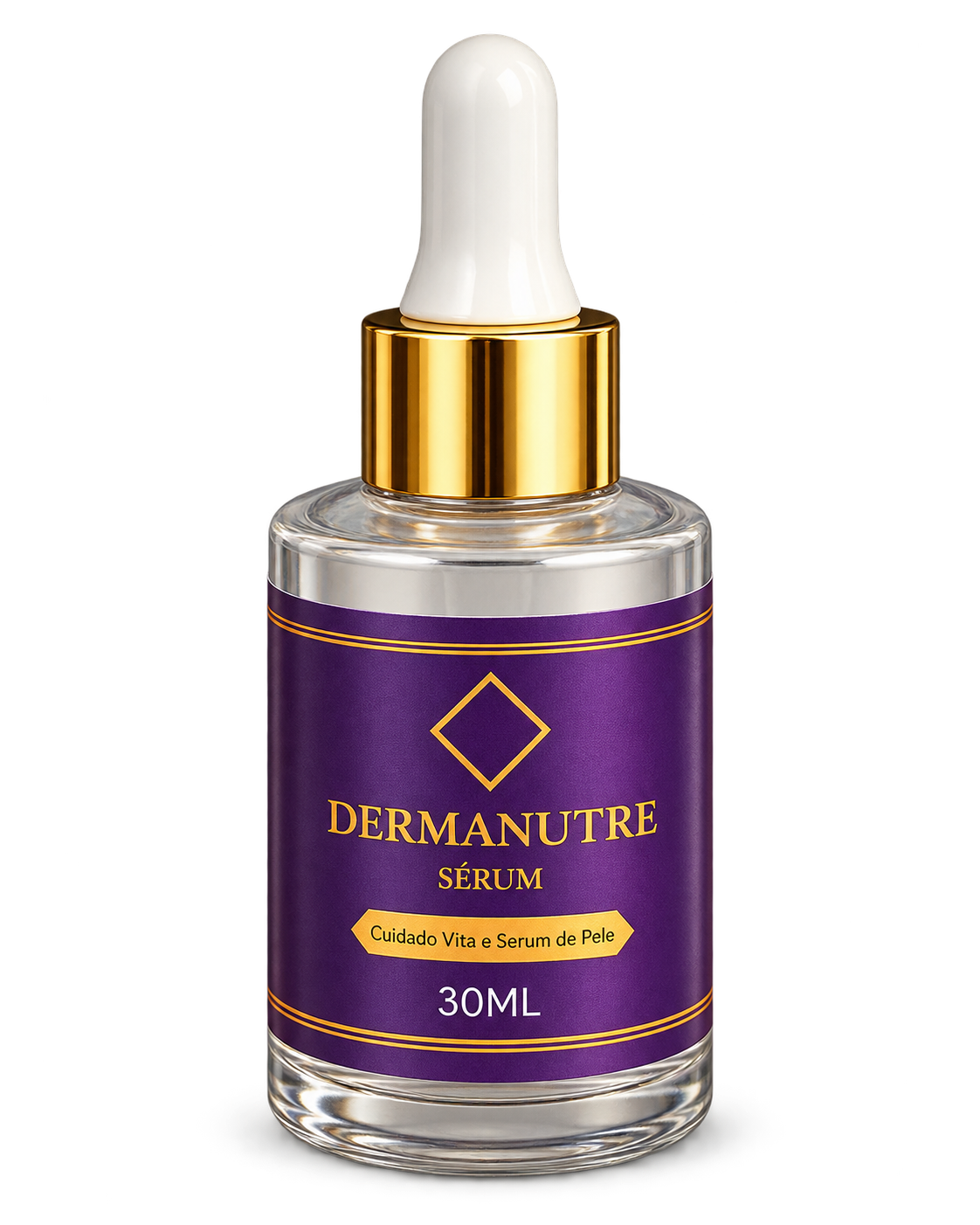 Sérum facial NutreHer em frasco de vidro com conta-gotas dourado